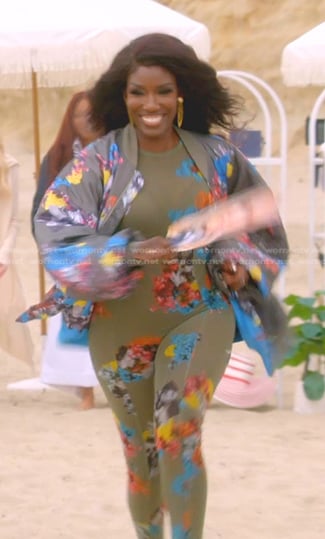 Bozoma’s khaki floral jumpsuit and bomber jacket on The Real Housewives of Beverly Hills