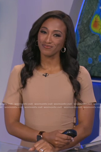 Brittany's beige buckle waist dress on Good Morning America