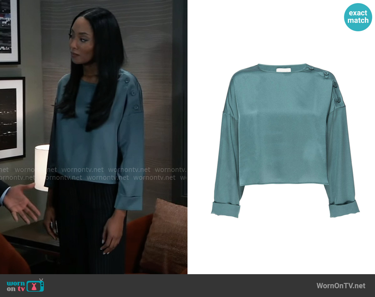 Brochu Walker Dallas Blouse in Alpine Teal worn by Jordan Ashford (Tanisha Mariko Harper) on General Hospital