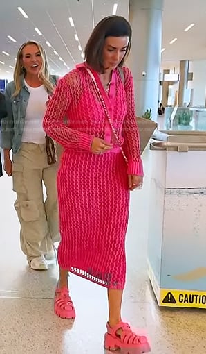 Bronwyn's pink open knit cardigan and skirt on The Real Housewives of Salt Lake City