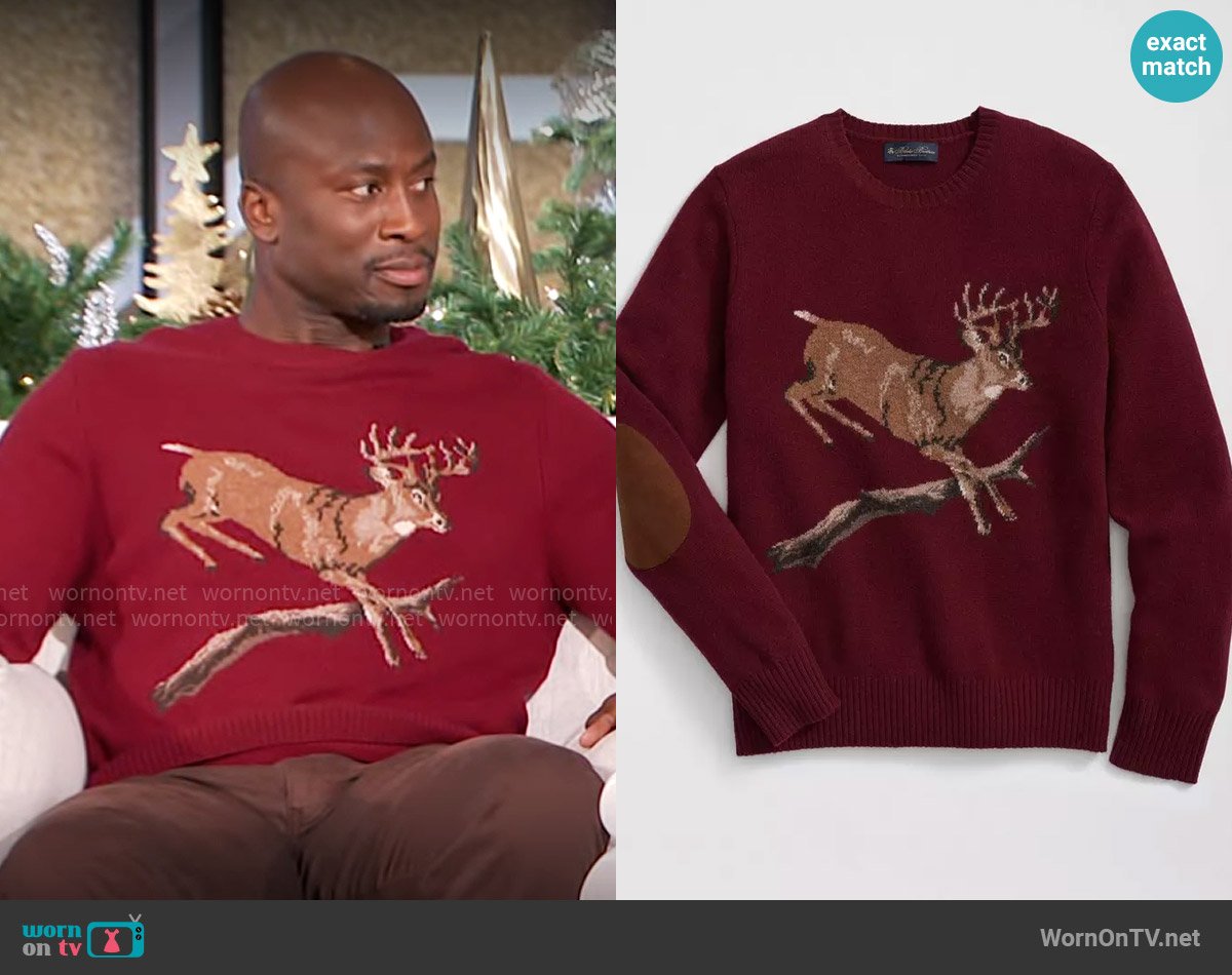 Brooks Brothers Merino Wool Crewneck Sweater with Deer Intarsia Motif worn by Akbar Gbajabiamila on The Talk