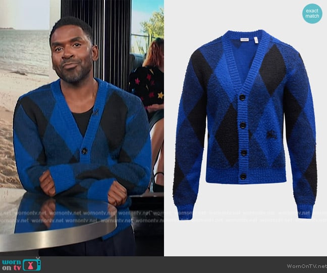 Burberry Argyle Wool Cardigan Sweater worn by Justin Sylvester on E! News