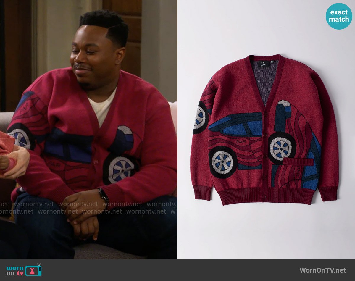 Marty’s red car print cardigan on The Neighborhood