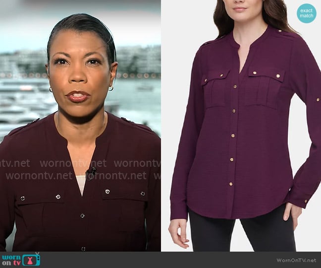 Calvin Klein Textured Roll-Tab Blouse worn by Nikole Killion on CBS Mornings