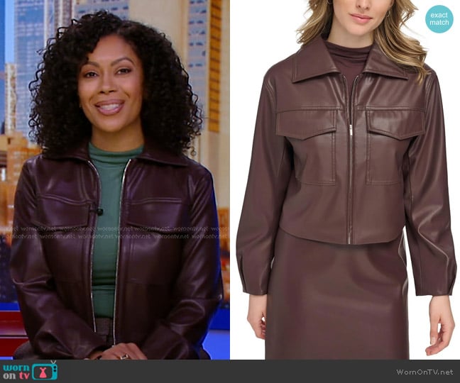 Calvin Klein Lightweight Short Leather Jacket in Brown worn by Shirleen Allicot on Good Morning America