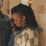 Carla’s checkerboard cardigan on No Good Deed