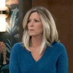 Carly’s blue v-neck sweater on General Hospital