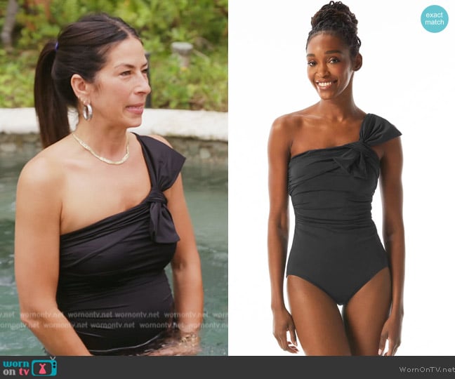 Rebecca’s black bow one shoulder swim suit on RHONY