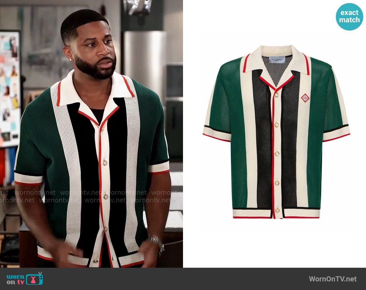 Casablanca Striped Cotton Crochet Shirt worn by Zac Taylor (Devale Ellis) on Tyler Perrys Sistas