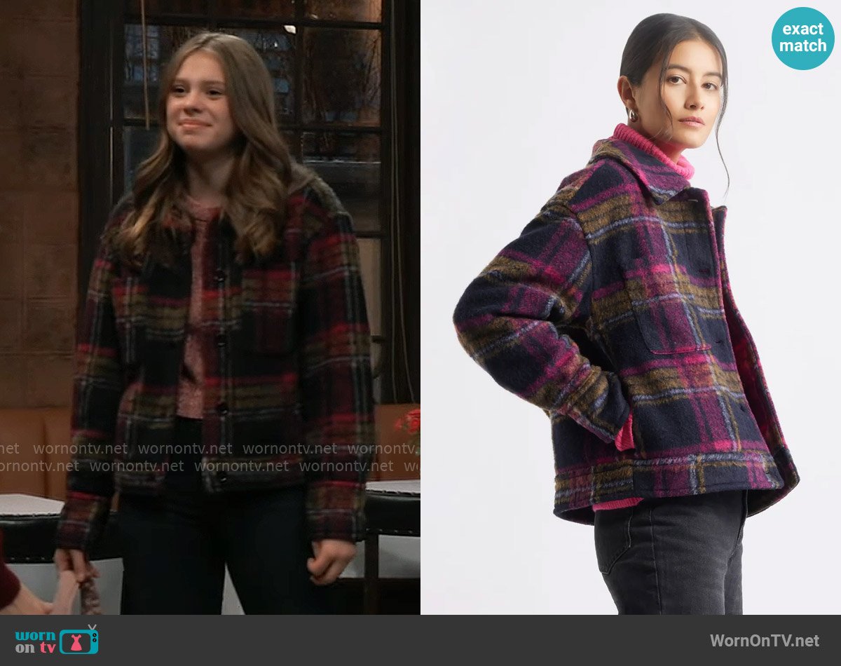 Caslon Plaid Crop Shacket in Navy Pink Plaid worn by Charlotte Cassadine (Scarlett Fernandez) on General Hospital