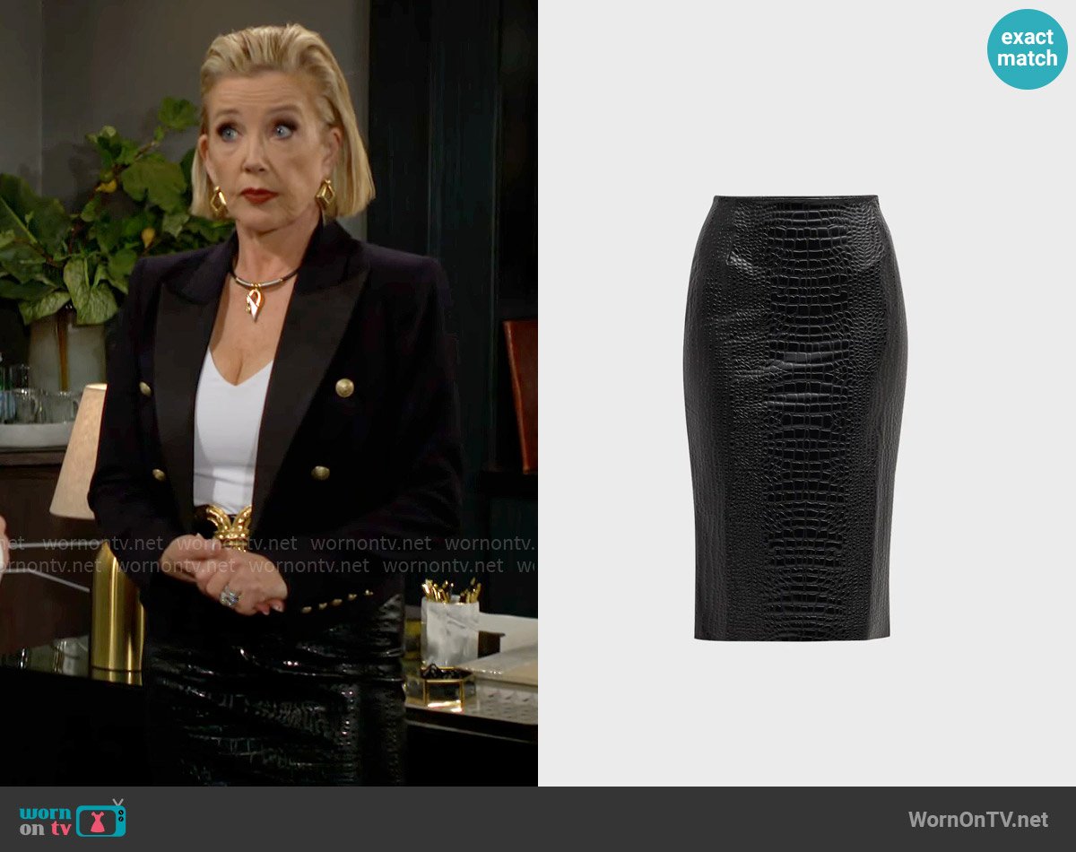 Chiara Boni La Petite Robe Crocodile-Embossed Faux Leather Midi Skirt worn by Nikki Reed Newman (Melody Thomas-Scott) on The Young and the Restless