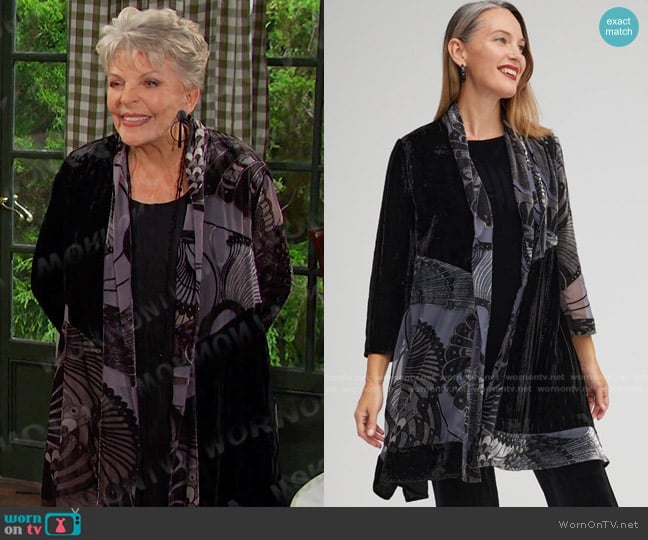 Chico's Travelers Collection Velvet Peacock Burnout Kimono worn by Julie Olson Williams (Susan Seaforth Hayes) on Days of our Lives