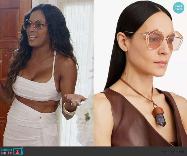 Chloe CH0026S Gemma metal and acetate pentagon-frame sunglasses worn by Stacey Rusch on The Real Housewives of Potomac