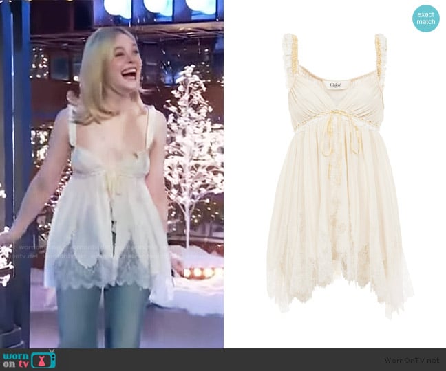 Chloe Lace-Trimmed Silk Plonge Tank Top worn by Elle Fanning on Live with Kelly and Mark