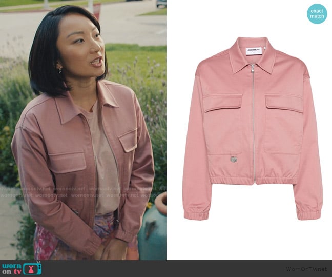 Chocoolate Zip-up twill bomber jacket worn by Sarah Weber (Poppy Liu) on No Good Deed