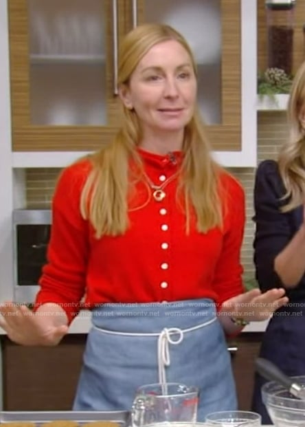 Christina Tosi’s red button down cardigan on Live with Kelly and Mark