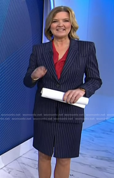 Christine’s navy pinstripe blazer and skirt on Today