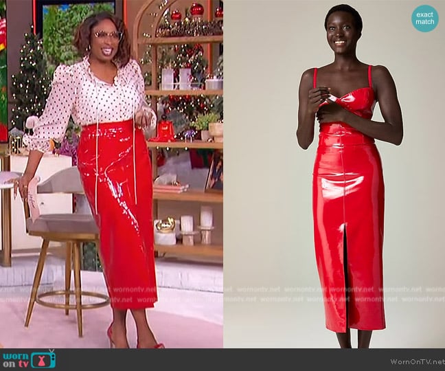 Christopher John Rogers x J. Crew Front Slit Skirt in red vinyl worn by Jennifer Hudson on The Jennifer Hudson Show