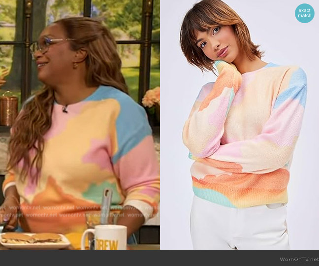 Cider Wool-Blend Patchy Rainbow Long Sleeve Sweater worn by Sunny Anderson on The Drew Barrymore Show