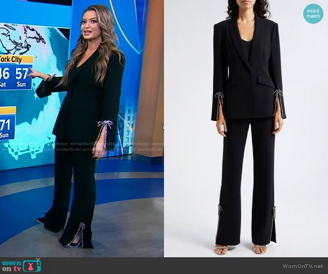 Cinq a Sept Cheyenne Rhinestone Bow Blazer and Kali Pants worn by Dani Beckstrom on Good Morning America