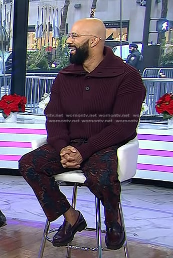 Common's burgundy ribbed sweater and print pants on Today