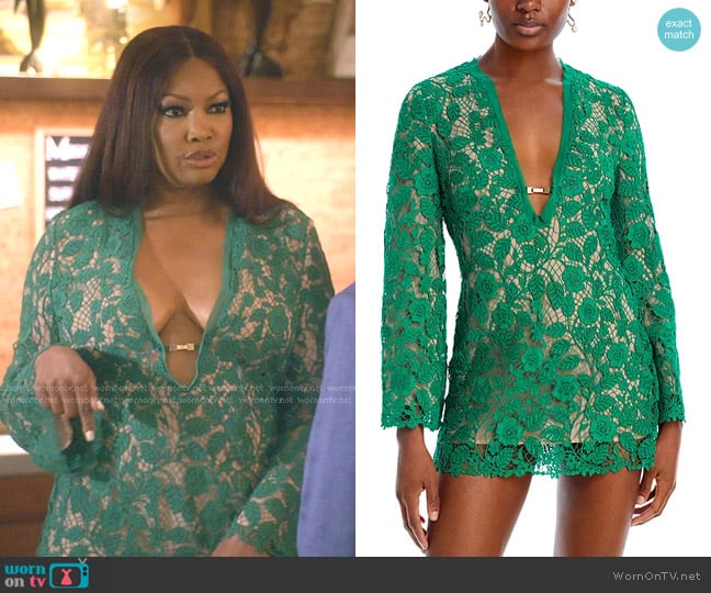 Cult Gaia Aniya Lace Mini Dress in Malachite worn by Garcelle Beauvais on The Real Housewives of Beverly Hills