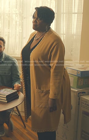 Denise's yellow studded cardigan on No Good Deed