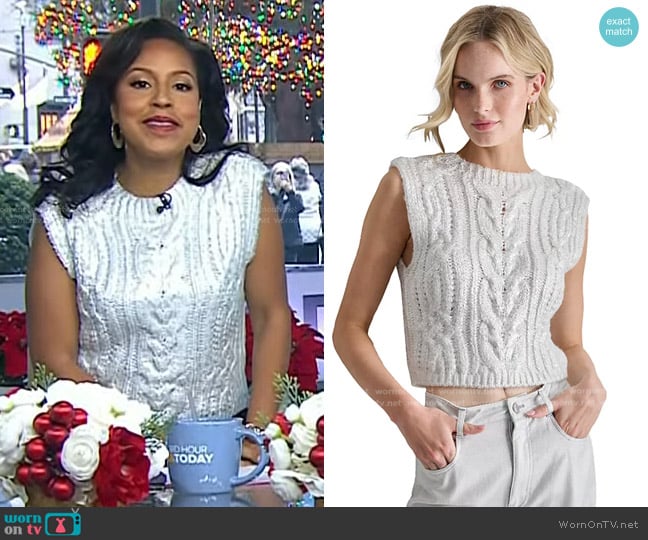 DKNY Cropped Cable-Knit Metallic-Threaded Sleeveless Sweater worn by Sheinelle Jones on Today