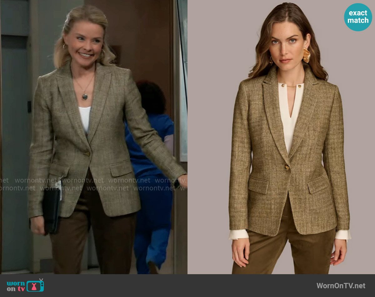 Donna Karan Textured One-Button Jacket in Beech worn by Felicia Scorpio (Kristina Wagner) on General Hospital