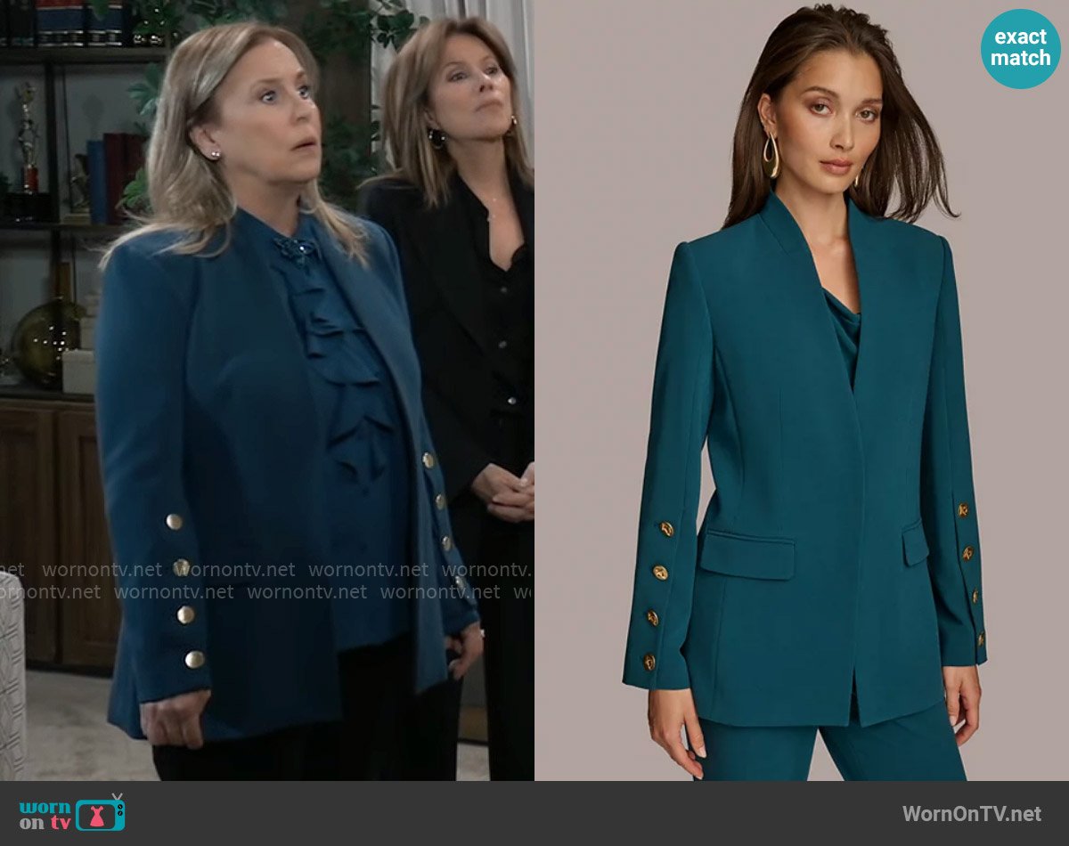 Donna Karan Collarless Button Sleeve Blazer in Peacock worn by Laura Collins (Genie Francis) on General Hospital