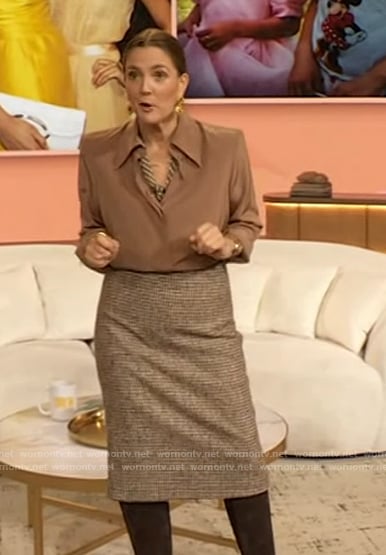 Drew's tweed midi skirt on The Drew Barrymore Show