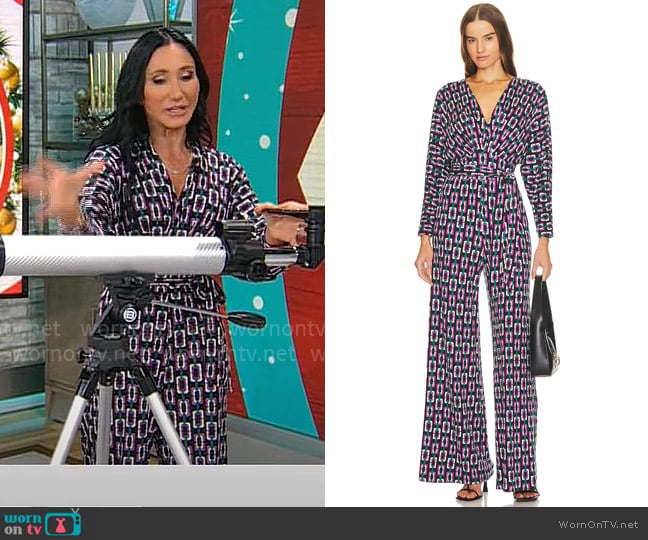 Diane von Furstenberg Fanny Jumpsuit in Chain Geo Multi Black worn by Elizabeth Werner on CBS Mornings