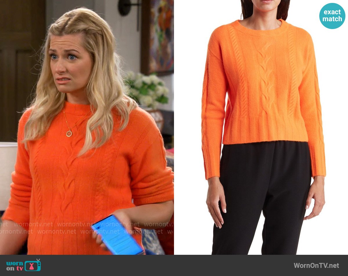 Elie Tahari Crewneck Cable Cashmere Sweater worn by Gemma (Beth Behrs) on The Neighborhood