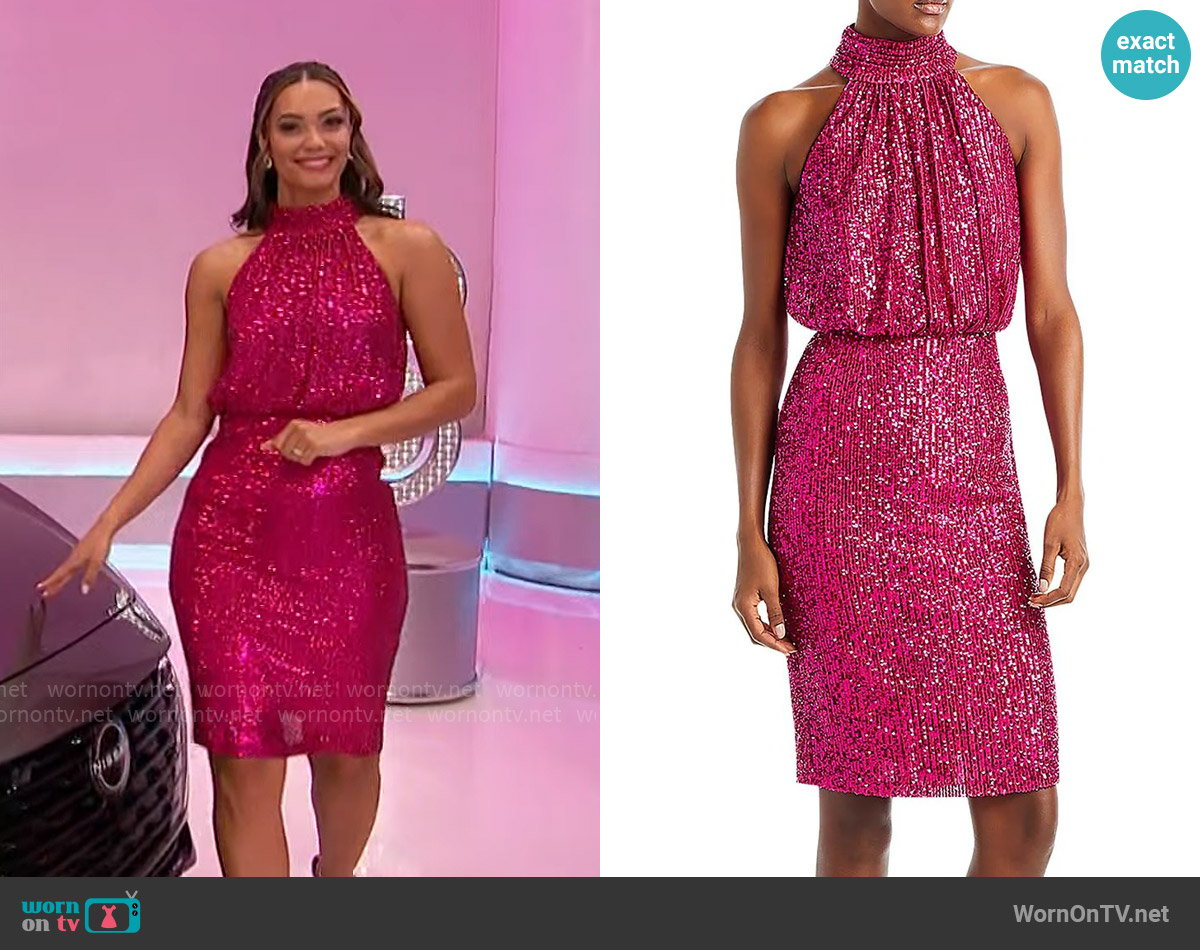 Eliza J High-neck Embellished Cocktail Dress worn by Alexis Gaube on The Price is Right