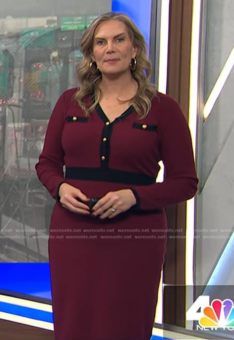 Emily West’s burgundy contrast trim dress on Today