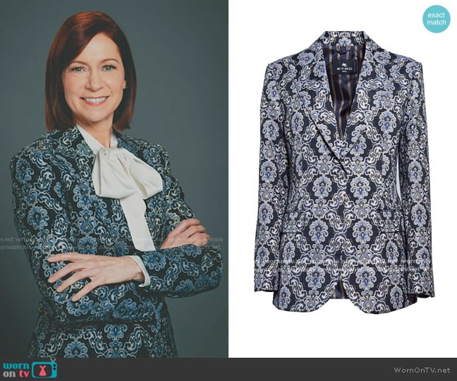 Etro Metallic Brocade Blazer in Blue worn by Elsbeth Tascioni (Carrie Preston) on Elsbeth