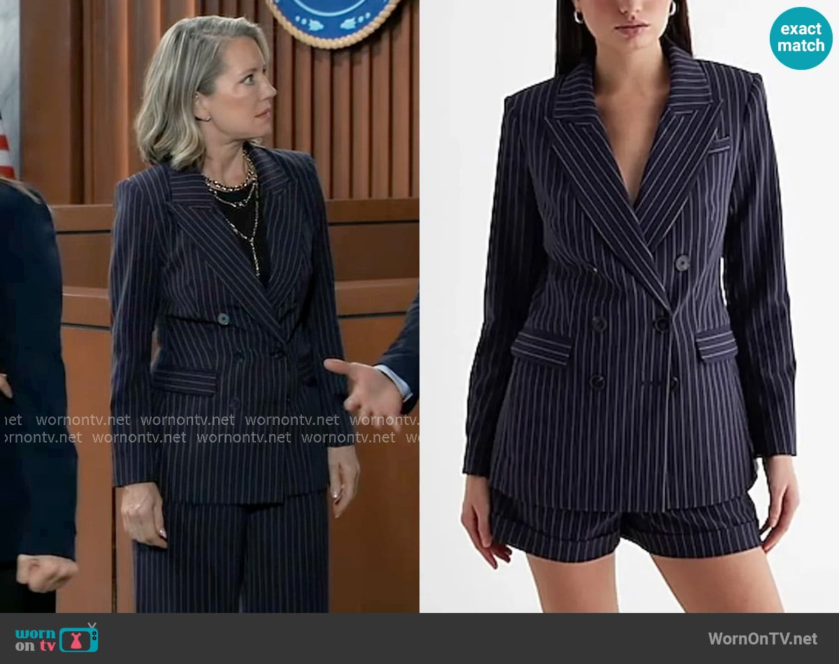 Express Pinstripe Double Breasted Blazer worn by Nina Reeves (Cynthia Watros) on General Hospital
