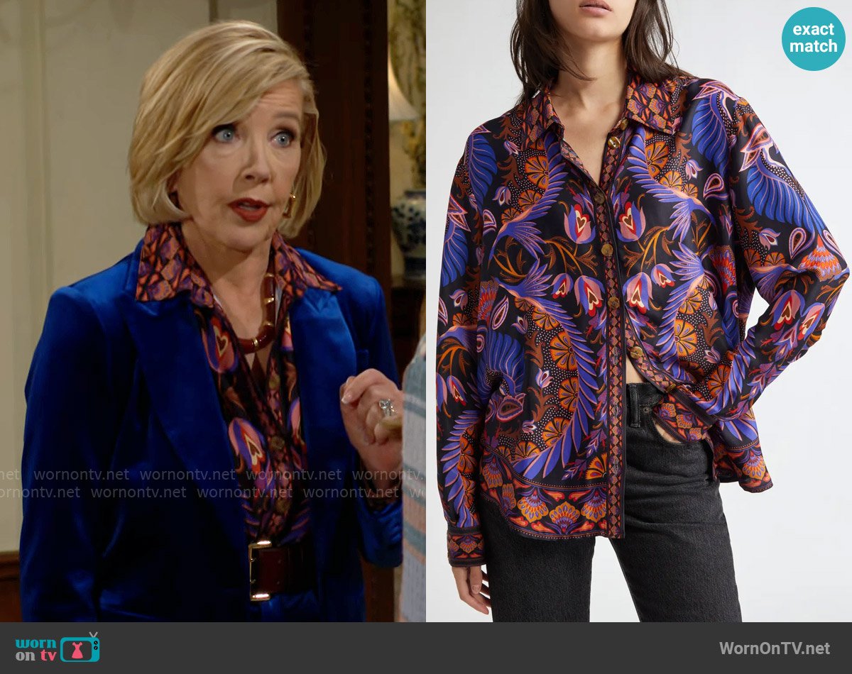 FARM Rio Heart Forest Button-Up Shirt worn by Nikki Reed Newman (Melody Thomas-Scott) on The Young and the Restless