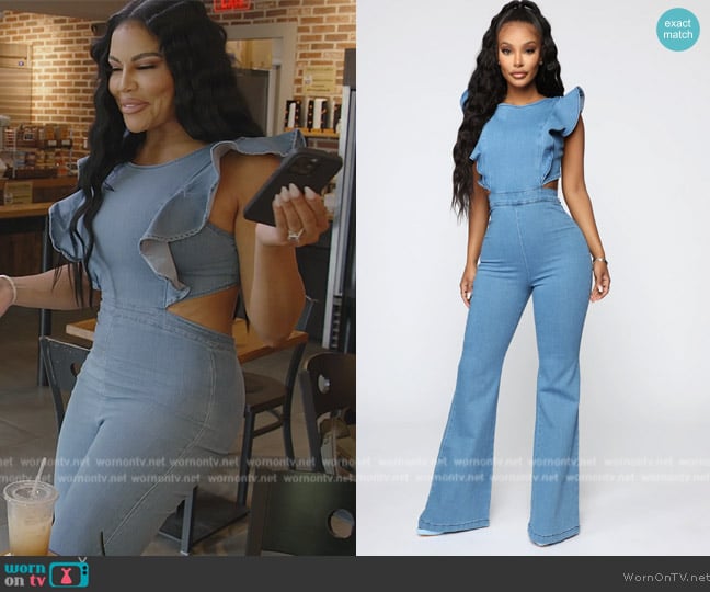 Fashion Nova Janis Denim Jumpsuit worn by Mia Thornton on The Real Housewives of Potomac