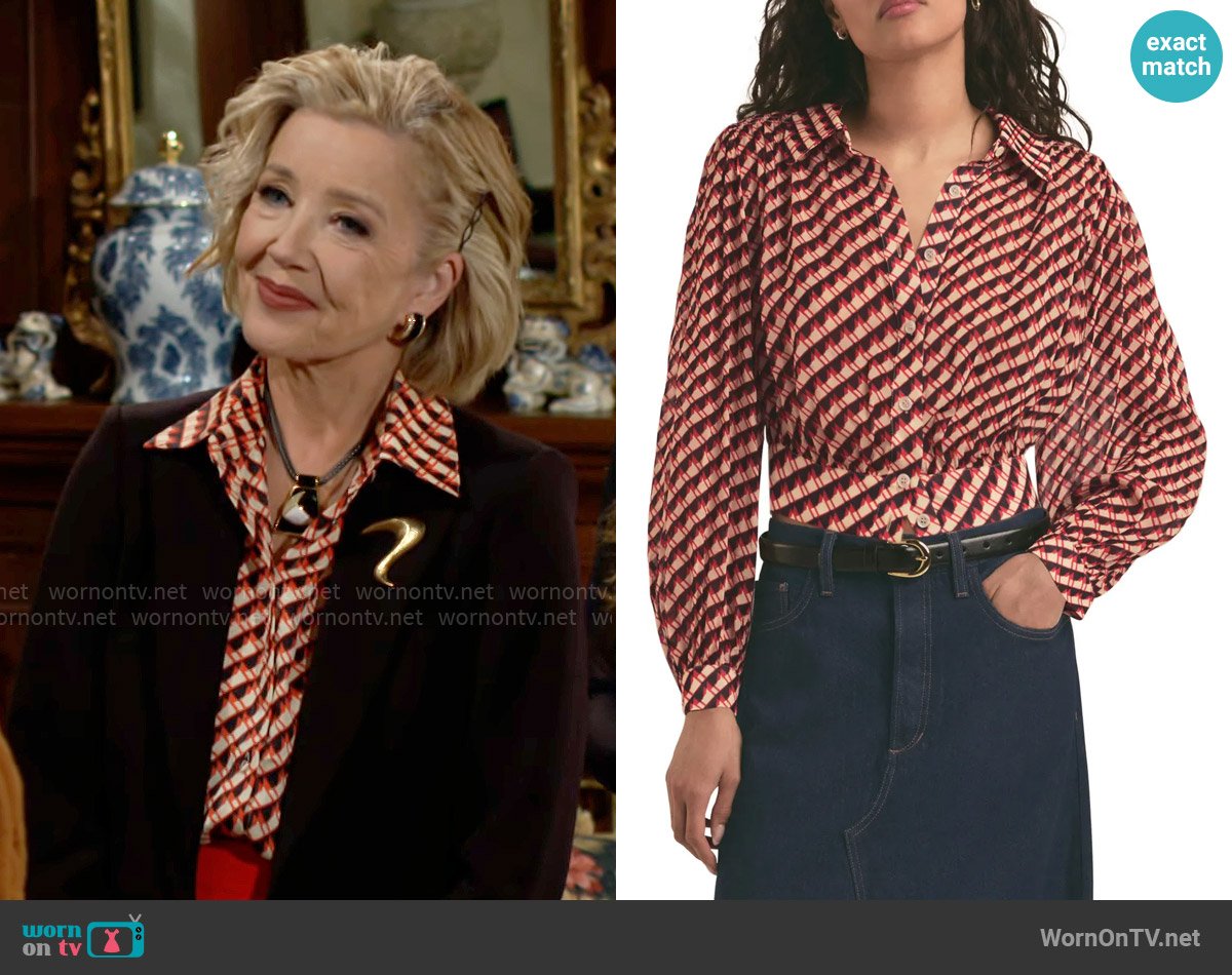 Favorite Daughter The Garden Party Shirt in Retro Houndstooth worn by Nikki Reed Newman (Melody Thomas-Scott) on The Young and the Restless