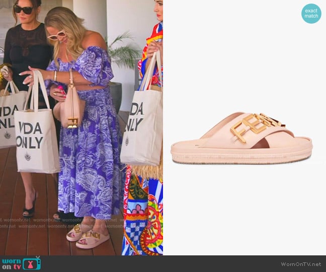 Fendi Vitello Fendigraphy Slide Sandals worn by Heather Gay on The Real Housewives of Salt Lake City