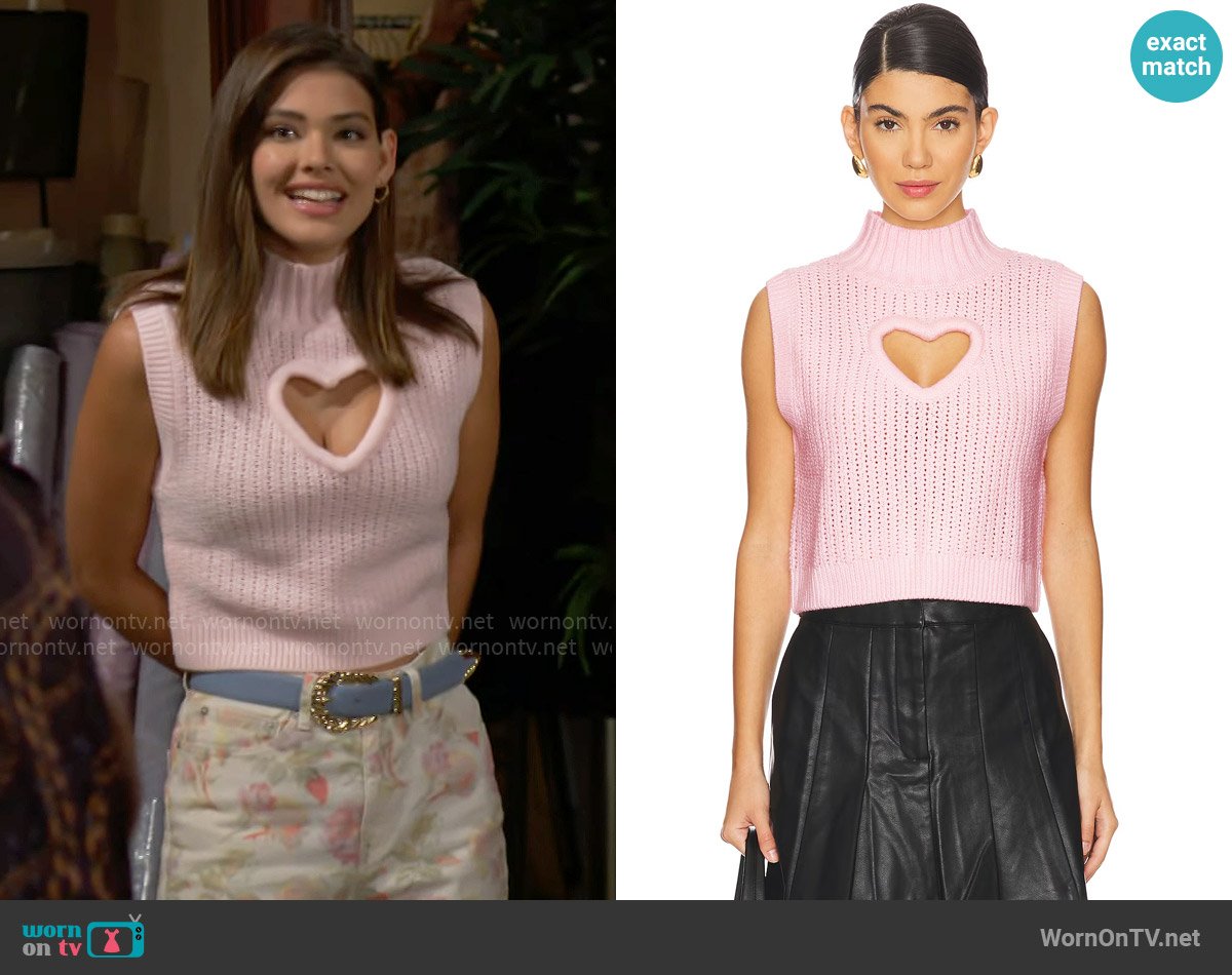 For Love & Lemons Rebecca Heart Sweater Vest worn by Electra Forrester (Laneya Grace) on The Bold and the Beautiful