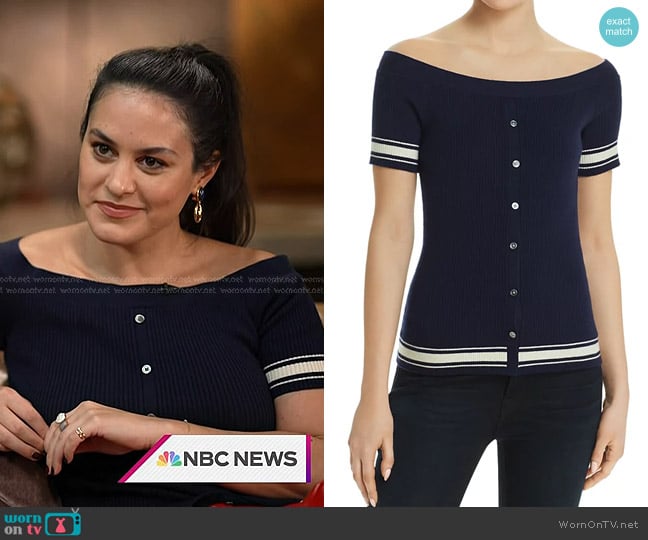 Frame Striped Detail Off-the-Shoulder Sweater worn by Donna Farizan on Today