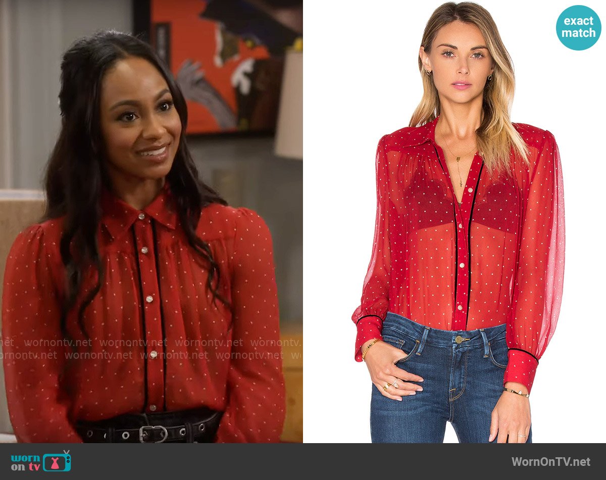 Frame Le Peasant Polka Dot Top in Crimson & Nude Dot worn by Nina (Tetona Jackson) on Poppas House