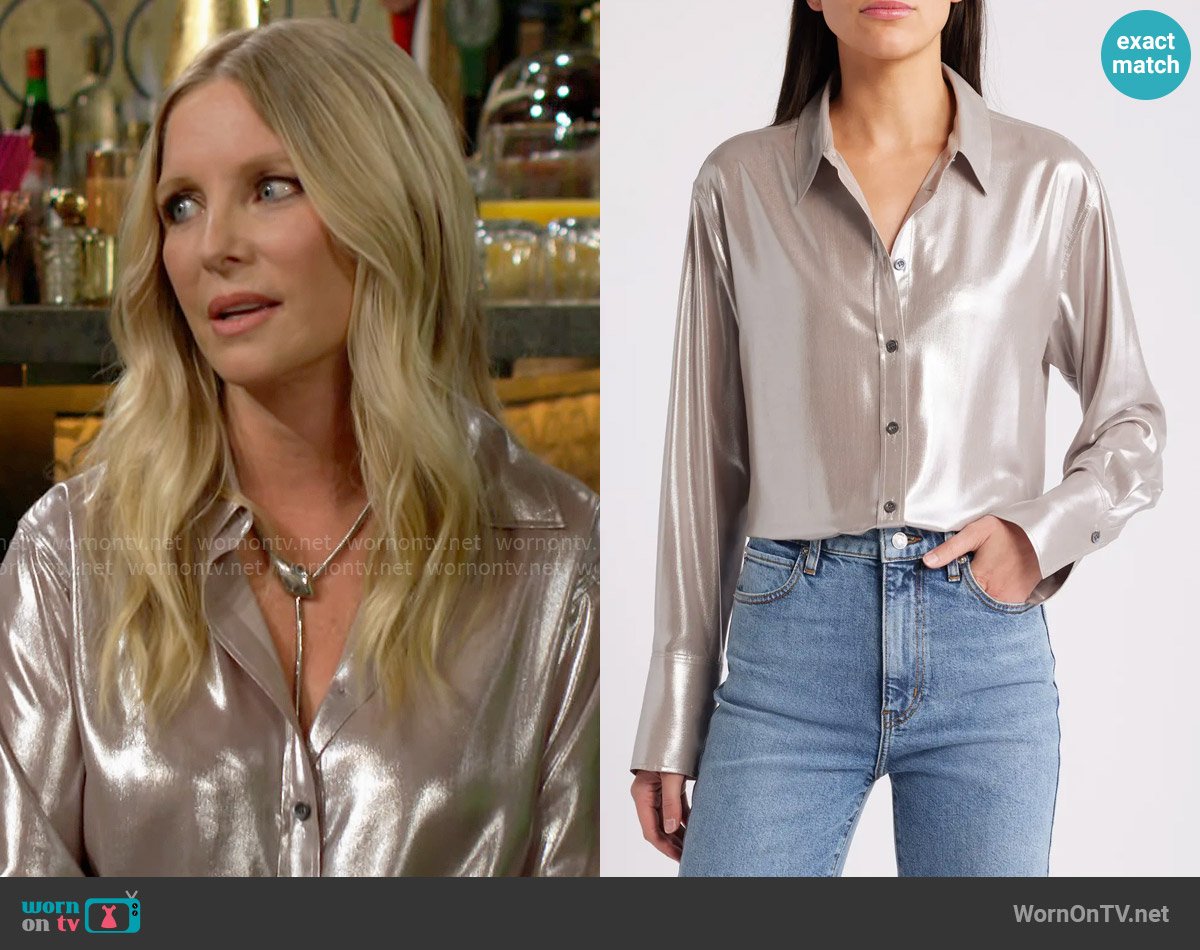 Frame The Standard Shirt in Silver Lame worn by Christine Blair Williams (Lauralee Bell) on The Young and the Restless