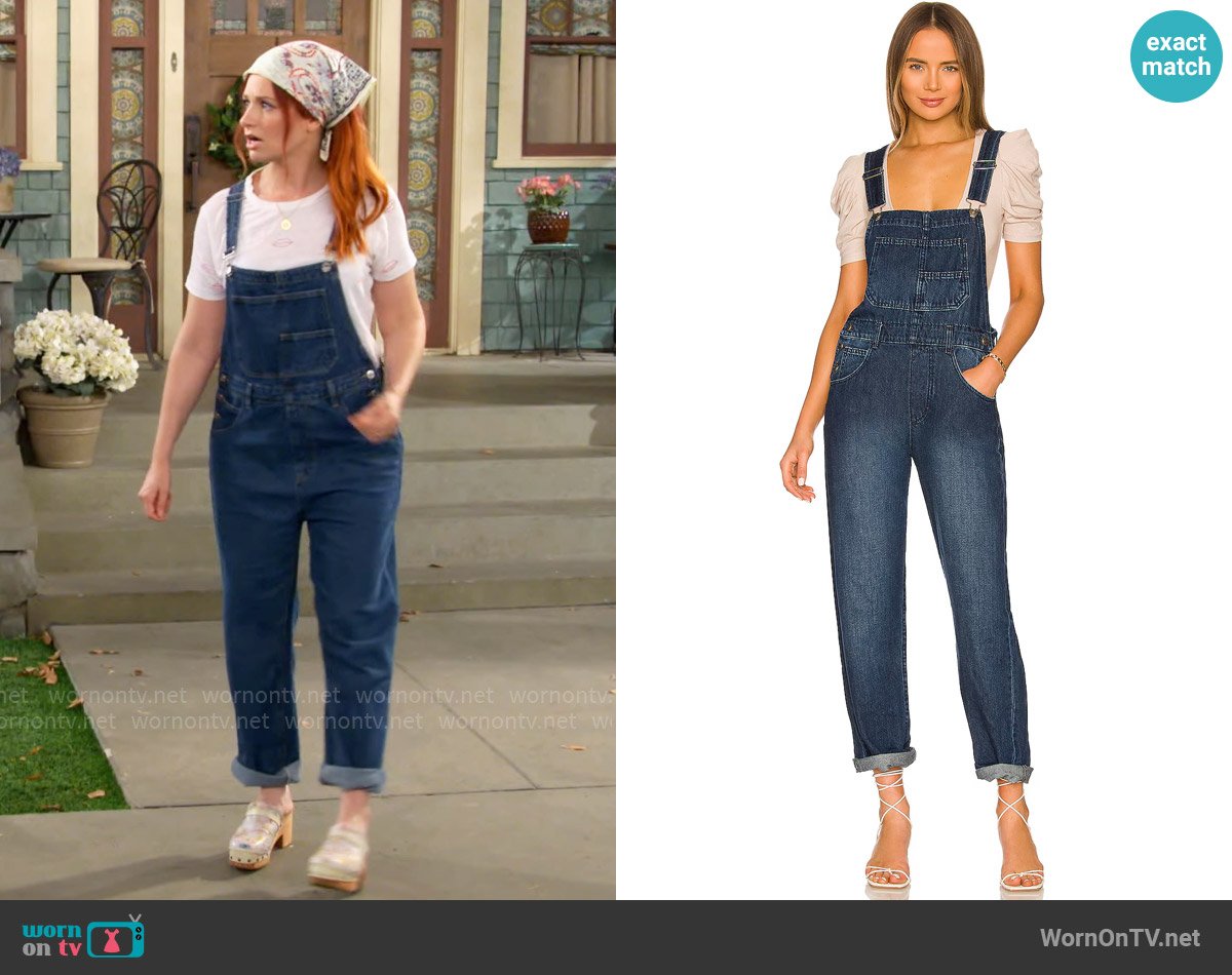 Free People Ziggy Denim Overall in Inky Indigo worn by Gemma (Beth Behrs) on The Neighborhood