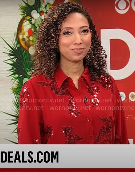 Gabrielle Kerr's red sequin shirt and pants set on CBS Mornings