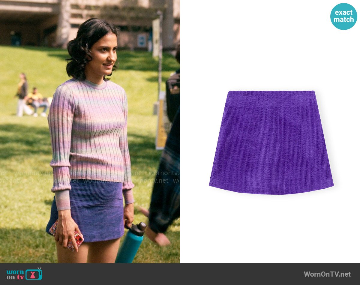 Bela’s purple corduroy skirt on The Sex Lives of College Girls