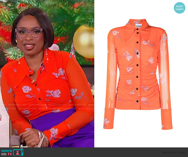 Ganni Floral-print ruched shirt worn by Jennifer Hudson on The Jennifer Hudson Show