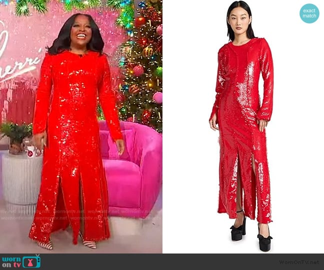 Sherri’s red sequin split hem dress on Sherri